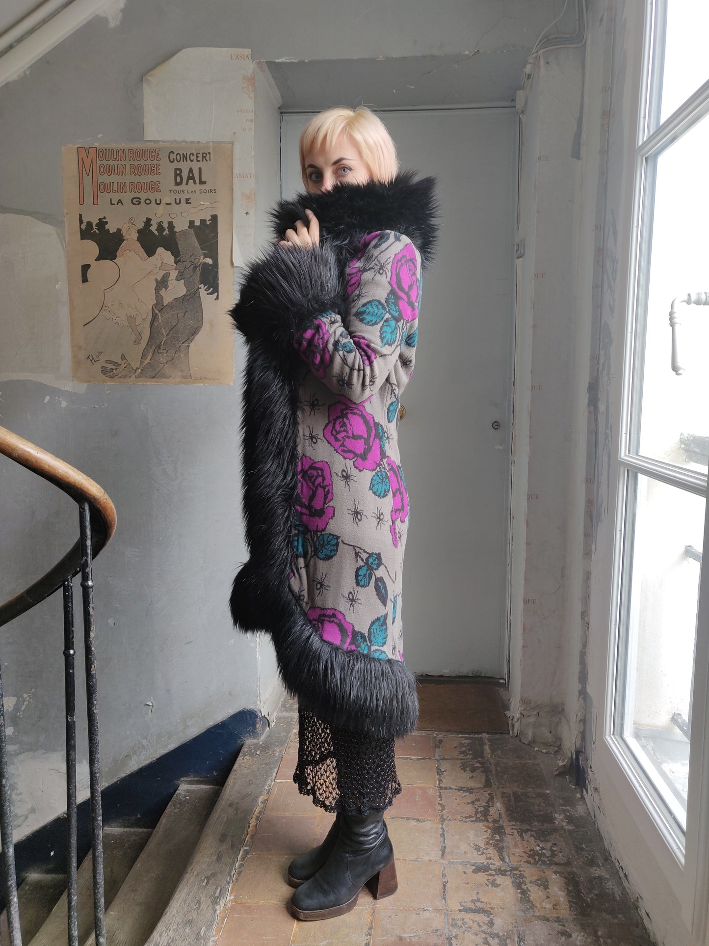 Betsey Johnson Roses and Spiders Knit Coat with Faux Fur Trim