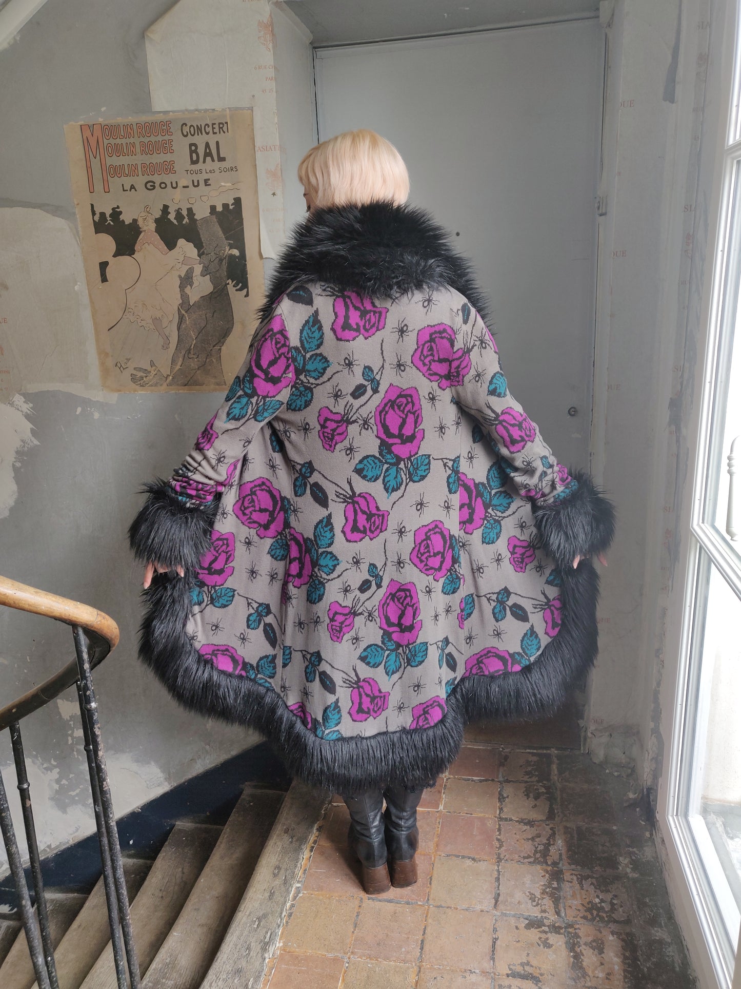 Betsey Johnson Roses and Spiders Knit Coat with Faux Fur Trim