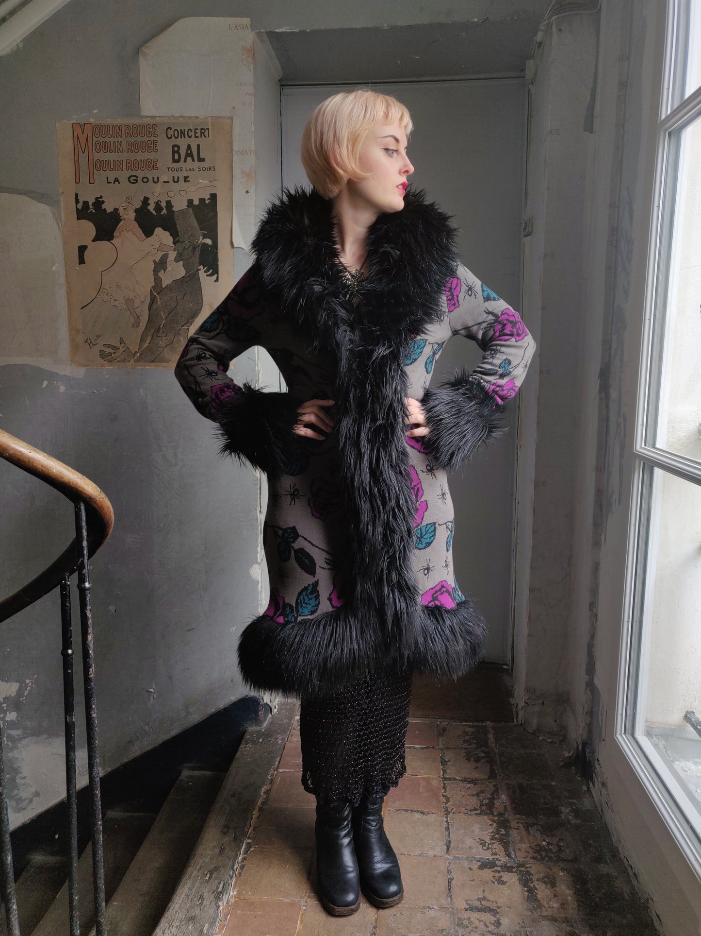 Betsey Johnson Roses and Spiders Knit Coat with Faux Fur Trim