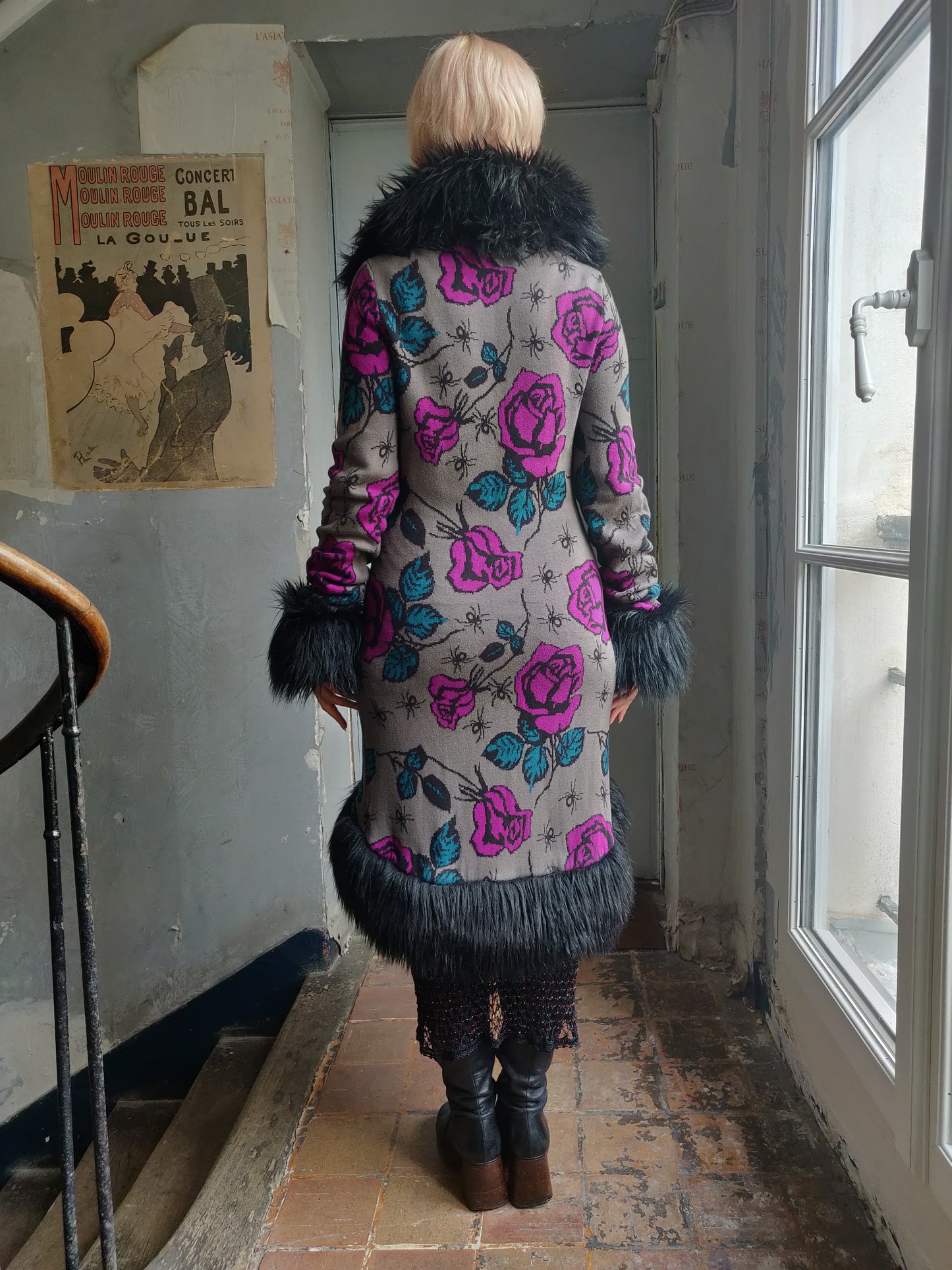 Betsey Johnson Roses and Spiders Knit Coat with Faux Fur Trim