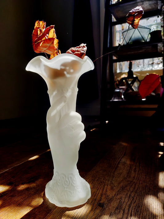 Art Nouveau / Déco-era Frosted Glass Hand & Cornucopia Vase