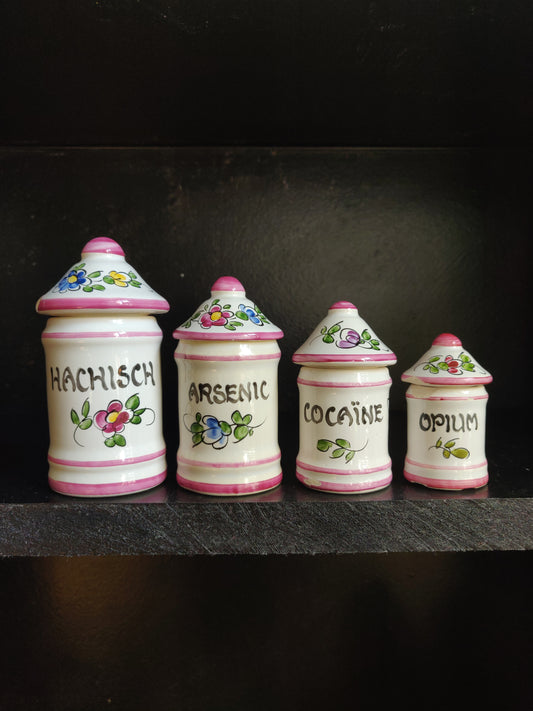 1950s French Mini Apothecary Jars - Hachisch, Arsenic, Cocaïne, Opium