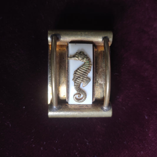 1930s Art Deco Painlevé Seahorse Clip - White Galalith and Brass