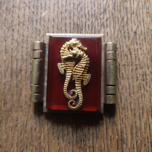 1930s Art Déco Painlevé Seahorse Clip - Red Galalith and Brass