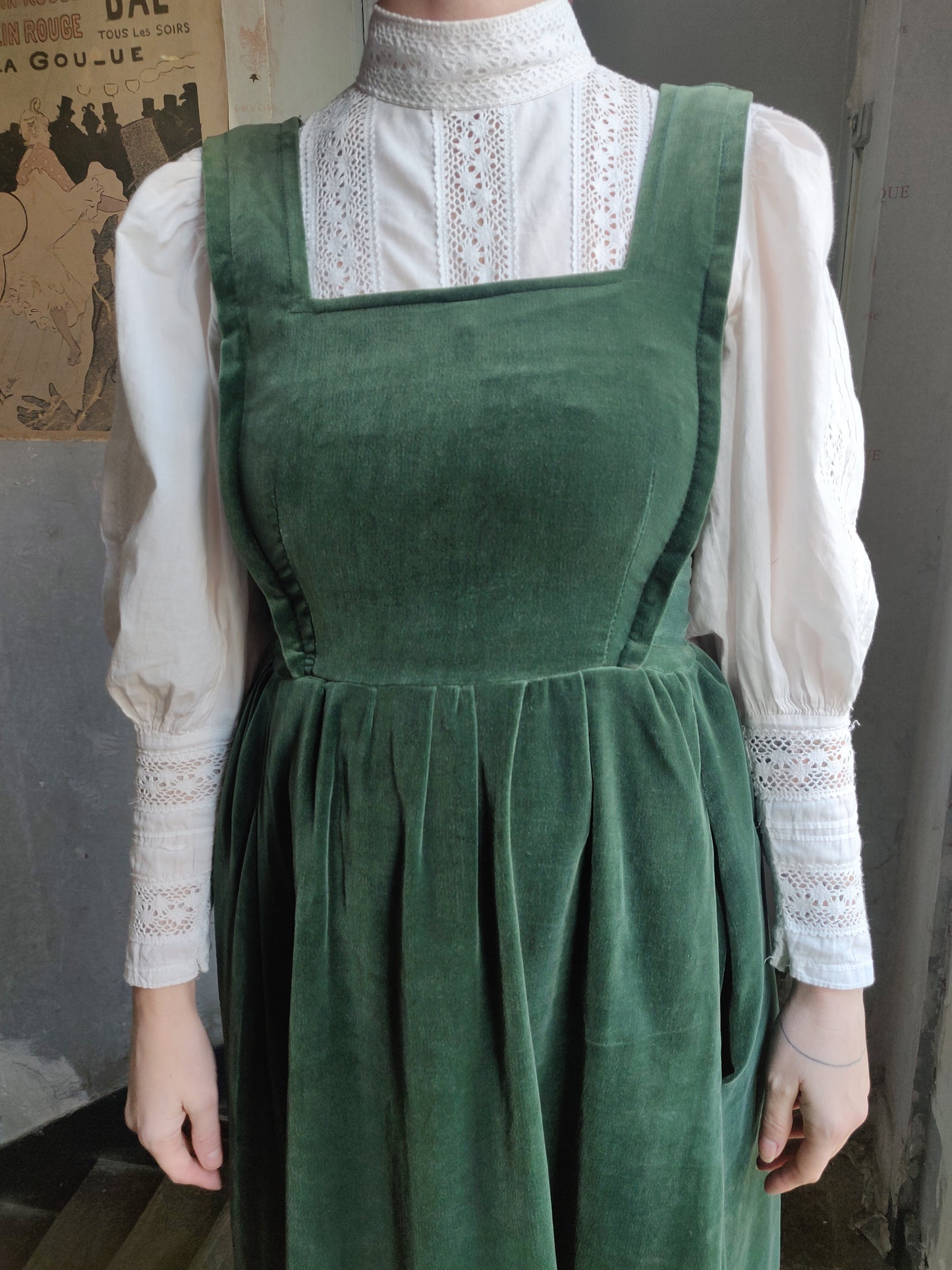 1970s Laura Ashley Green Velvet Pinafore Dress