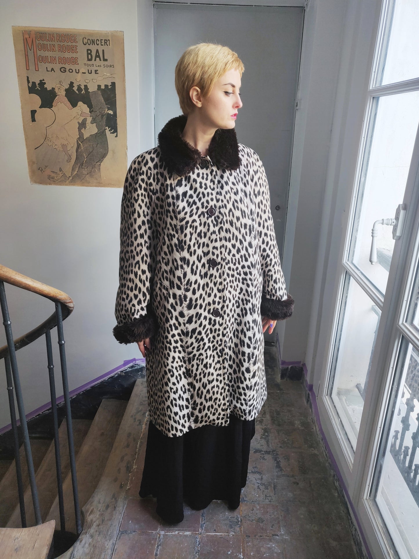 1970s French Blizzand Leopard Coat with Faux Fur Lining