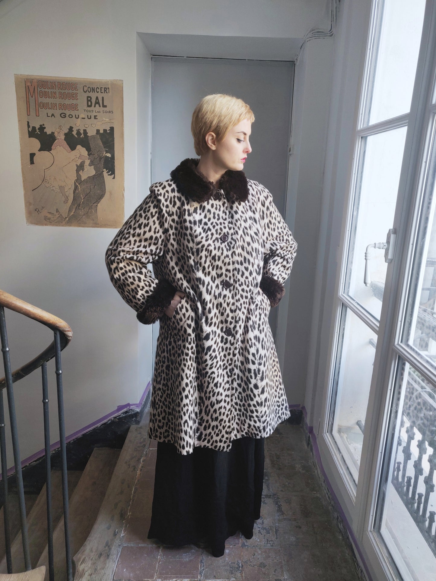 1970s French Blizzand Leopard Coat with Faux Fur Lining