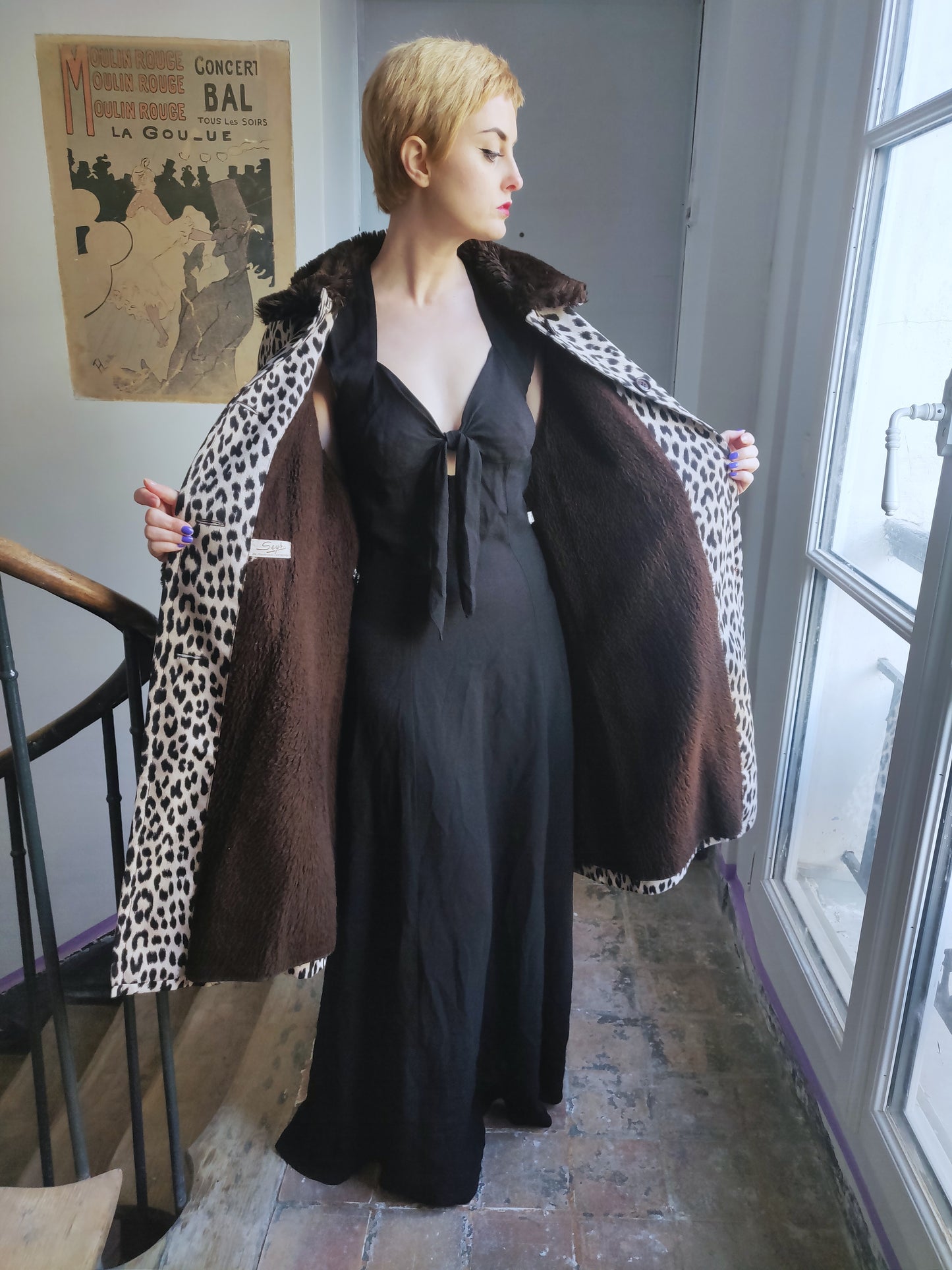 1970s French Blizzand Leopard Coat with Faux Fur Lining