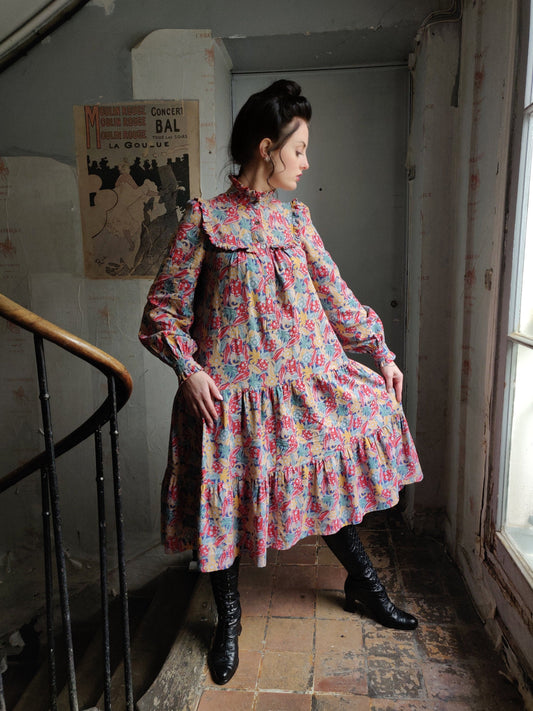 Colorful Laura Ashley High Neck Dress - Late 1970s / Early 1980s - Documented Smock Style