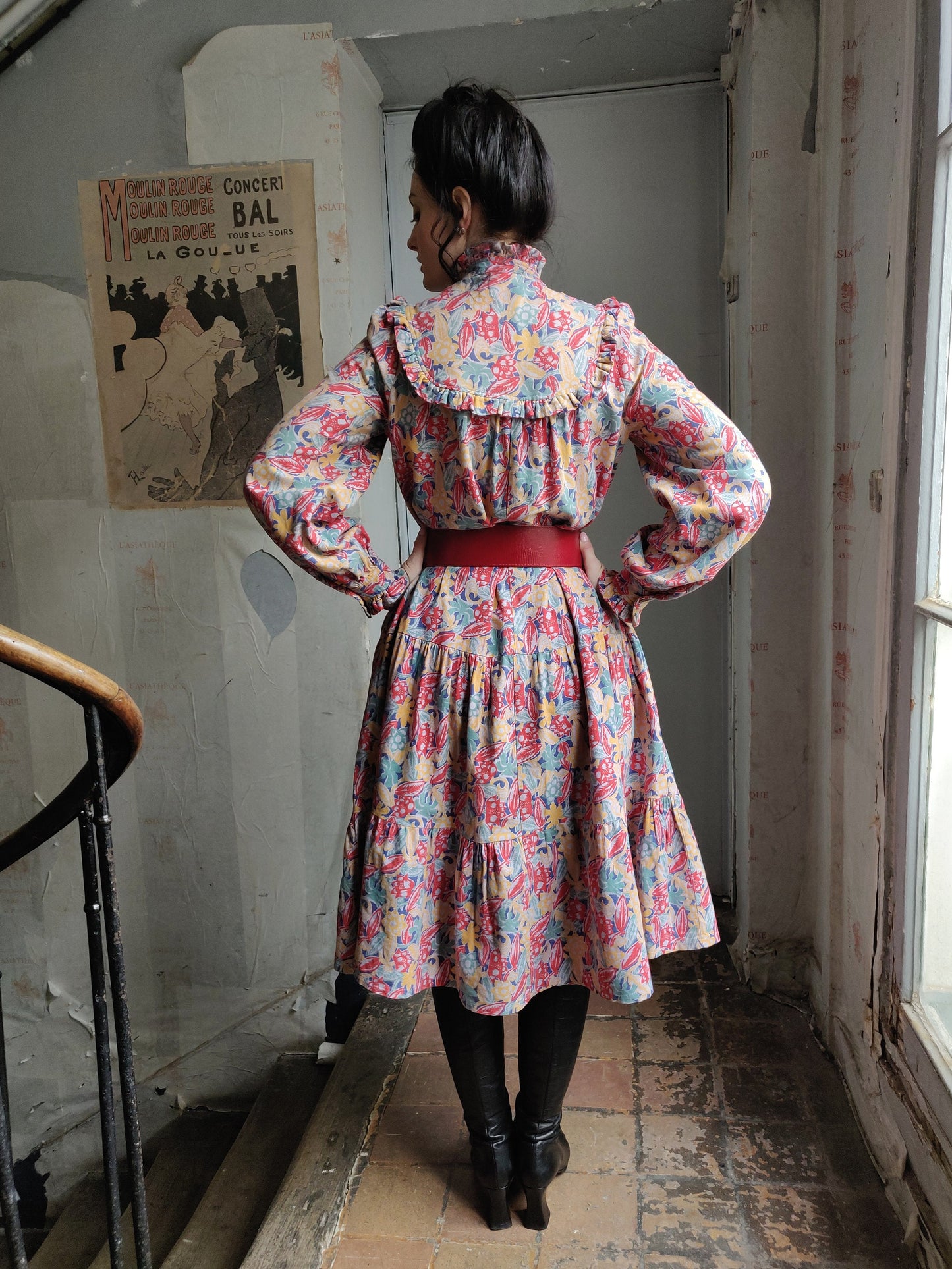 Colorful Laura Ashley High Neck Dress - Late 1970s / Early 1980s - Documented Smock Style