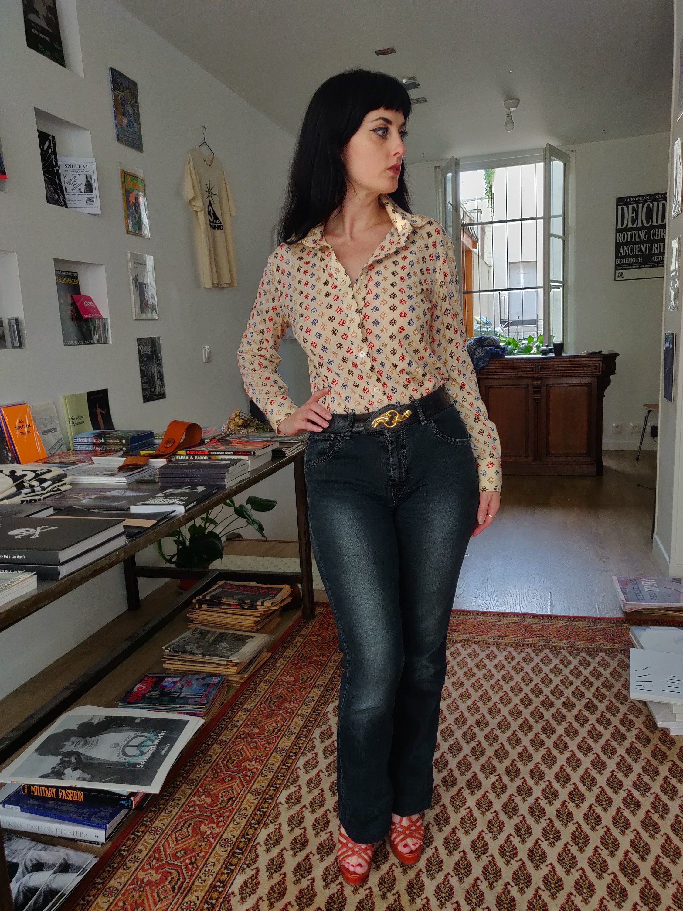1970s Céline Paris Motif Button Up Shirt Blouse - Lightweight Wool