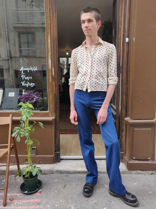 1970s Céline Paris Motif Button Up Shirt Blouse - Lightweight Wool - French Designer Vintage