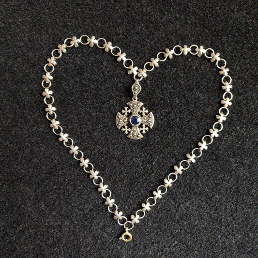 Silver Jerusalem Cross with Original Quatrefoil Link Chain - Maltese Cross Pendant - Etruscan Cross Necklace