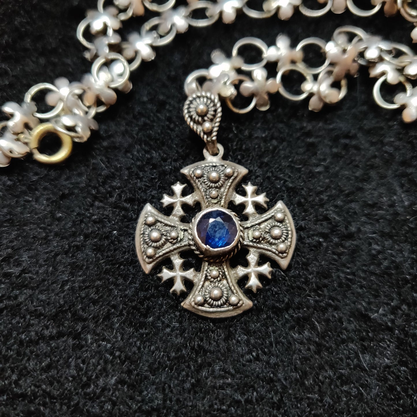 Silver Jerusalem Cross with Original Quatrefoil Link Chain - Maltese Cross Pendant - Etruscan Cross Necklace
