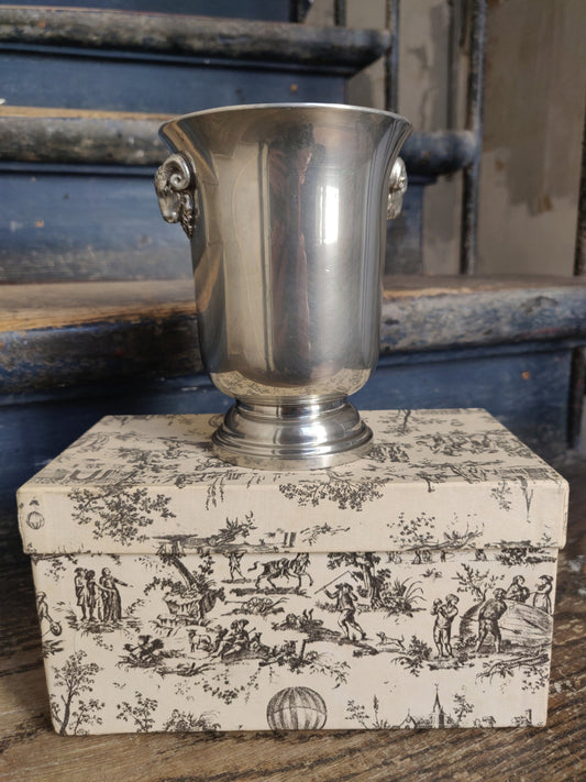 French Mid-Century Polished Pewter Goblet with Ram Heads - Toile de Jouy Box
