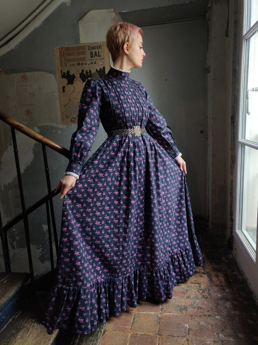 1960s Laura Ashley Dark Calico Edwardian Dress