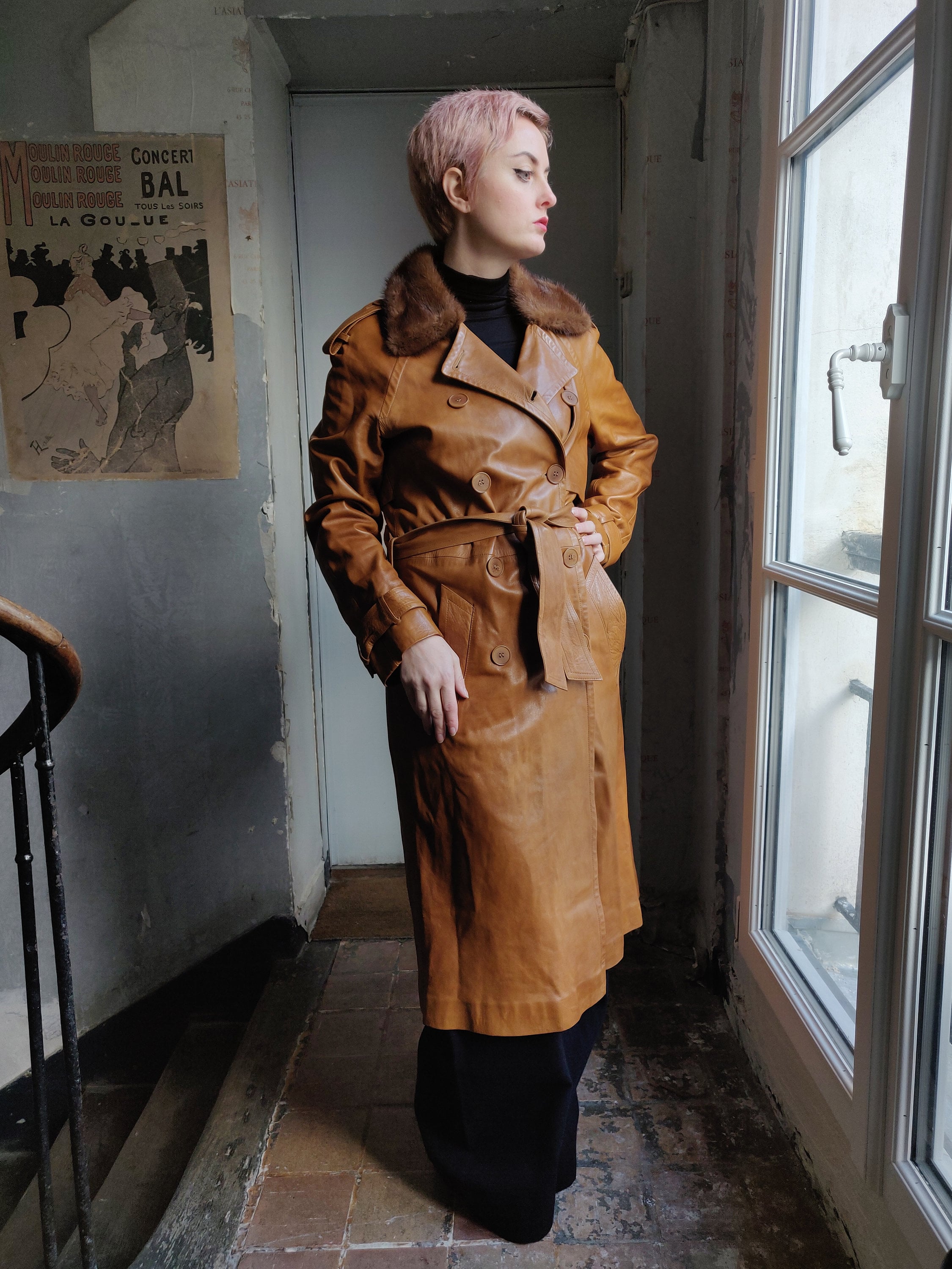 Plein Sud by Fayçal Amor - Soft Caramel Leather Trench Coat - Mink Collar -  French Designer