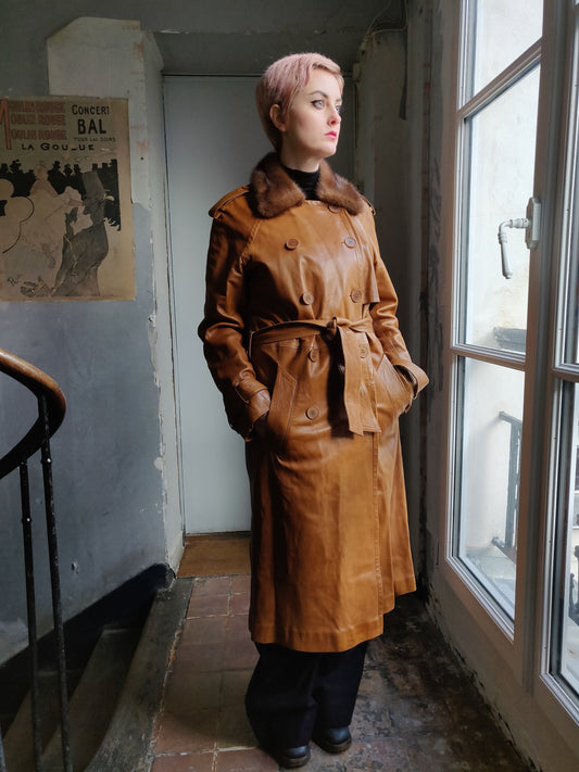 Plein Sud by Fayçal Amor - Soft Caramel Leather Trench Coat - Mink Collar - French Designer